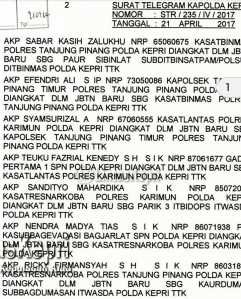 Surat Telegram Kapolda Kepri Tentang Mutasi Beberapa Pama di Kepulauan Riau.