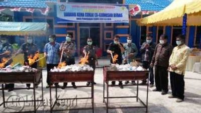 Giat pemusnahan barang kena cukai Ex-Kawasan Bebas hasil penindakan tahun 2015-2016 oleh Kantor Pengawasan dan Pelayanan Bea dan Cukai Dabo Singkep bersama aparat terkait, Kamis (18/8).