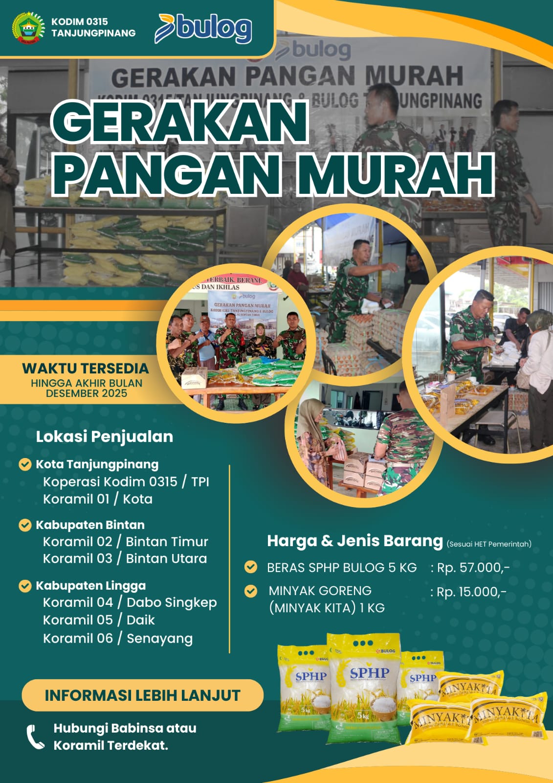 Gerakan Pangan Murah oleh Komando Distrik Militer (Kodim) 0315/Tanjungpinang bekerja sama dengan Bulog Tanjungpinang. Dok : Pendim0315.