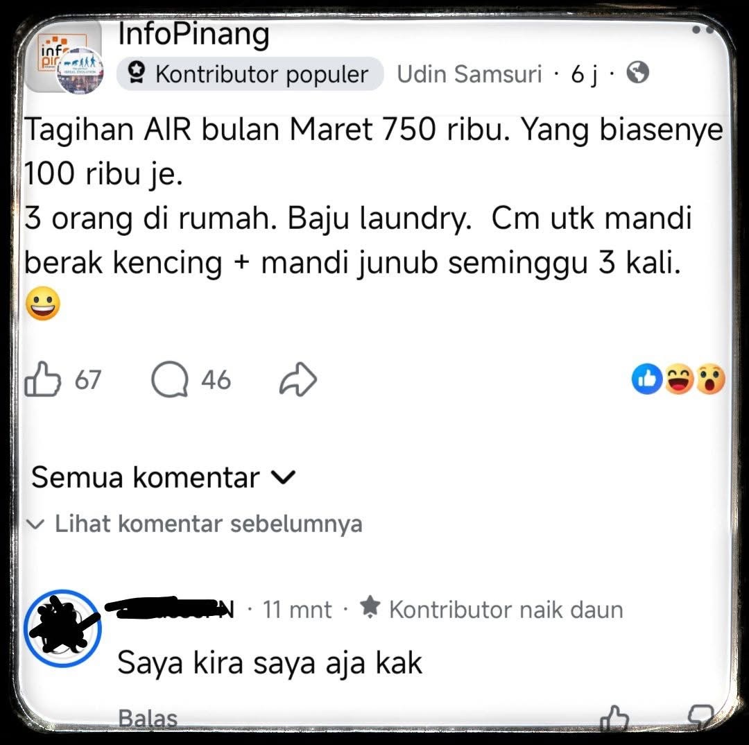 Tagihan Air Melonjak, Warga Keluhkan Layanan PDAM Tirta Kepri. Dok : Grup Facebook Infopinang