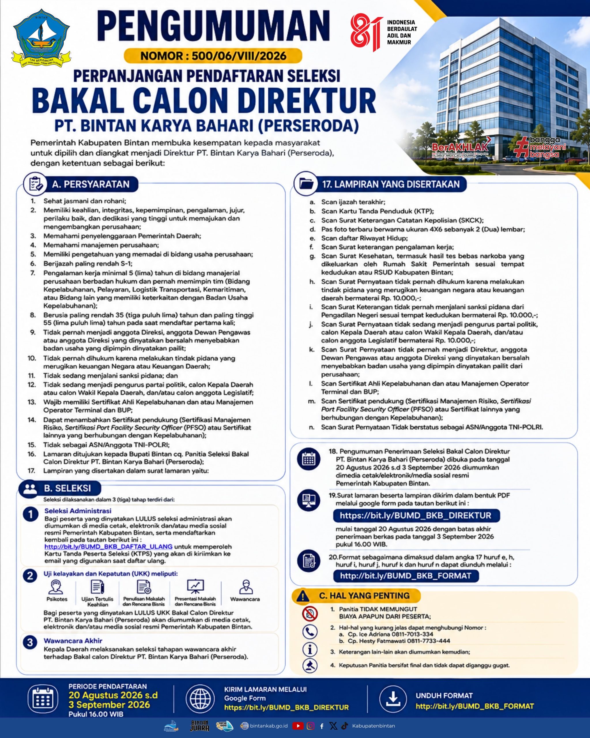 Seleksi Bakal Calon Komisaris dan Direktur BUMD PT. Bintan Karya Bahari (Perseroda) Diperpanjang Hingga Awal September. Dok : Kominfo Kabupaten Bintan