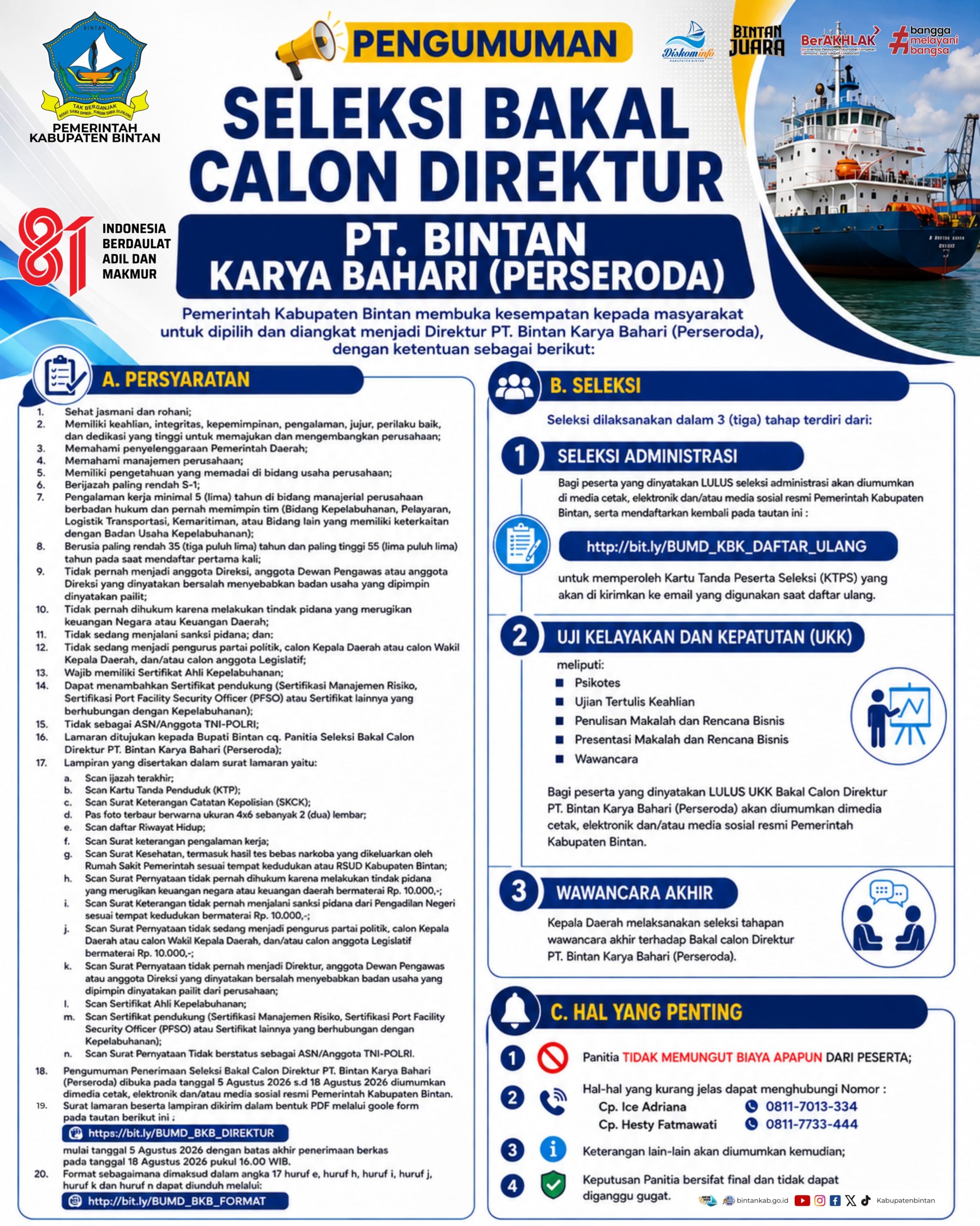 Pemkab Bintan Buka Seleksi Bakal Calon Komisaris dan Direktur BUMD PT. Bintan Karya Bahari (Perseroda). Dok : Kominfo Kabupaten Bintan