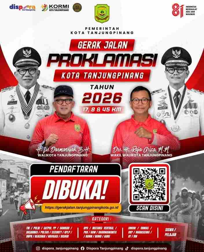 Poster resmi Gerak Jalan Proklamasi Tri Lomba Juang Tahun 2026 yang diselenggarakan Dispora Kota Tanjungpinang. Dok : Website Tanjungpinang.go.id