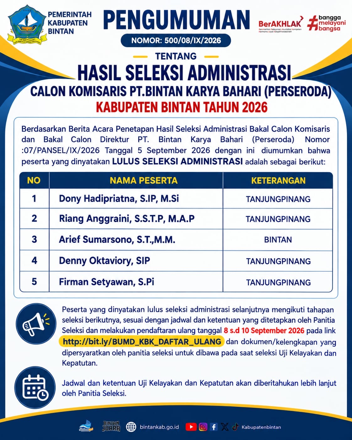 5 Calon Komisaris PT. Bintan Karya Bahari (Perseroda) Ditetapkan, Pendaftaran Dirut Masih Diperpanjang. Dok : Kominfo Kabupaten Bintan