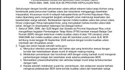 Surat Edaran Setda Provinsi Kepulauan Riau tentang Pelaksanaan Kegiatan Belajar Dari Rumah. Dok : Pemprov Kepri