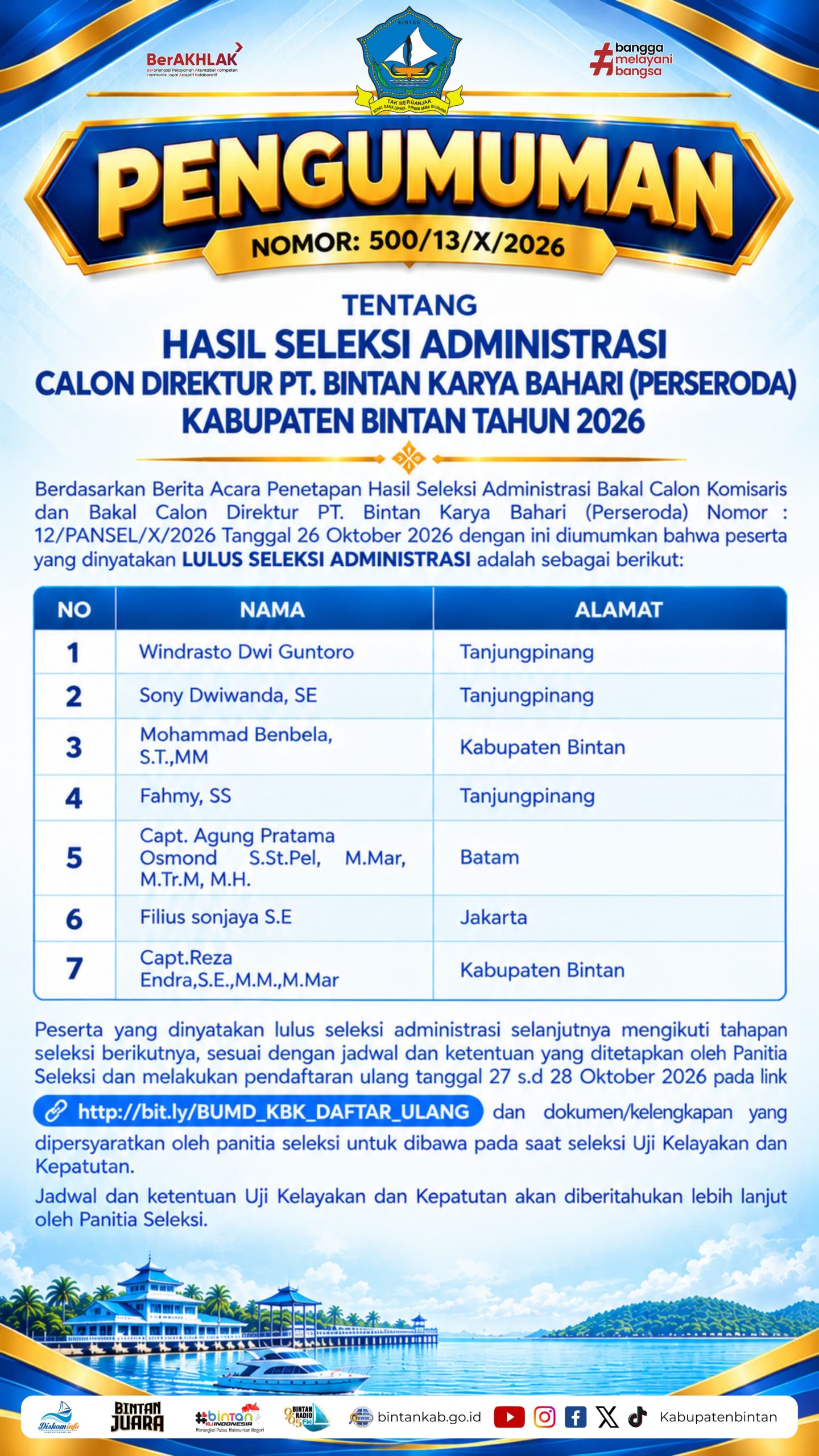7 Calon Direktur PT. Bintan Karya Bahari (Perseroda) Ditetapkan, Seleksi Berlanjut ke Uji Kelayakan dan Kepatutan. Dok : Diskominfo Kabupaten Bintan