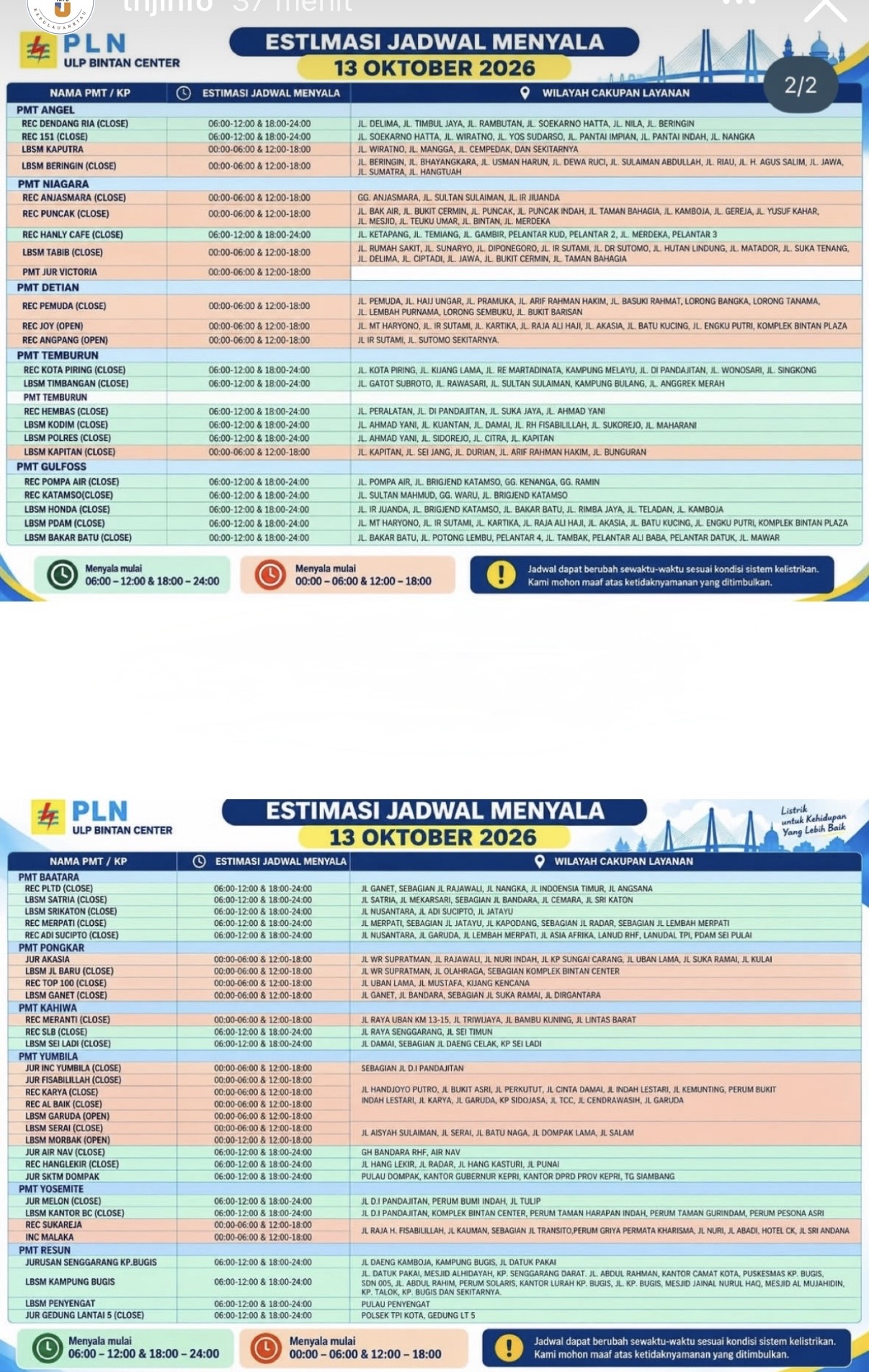 Estimasi Jadwal Menyala 13 Oktober 2026. Dok : PLNUP3Tanjungpinang