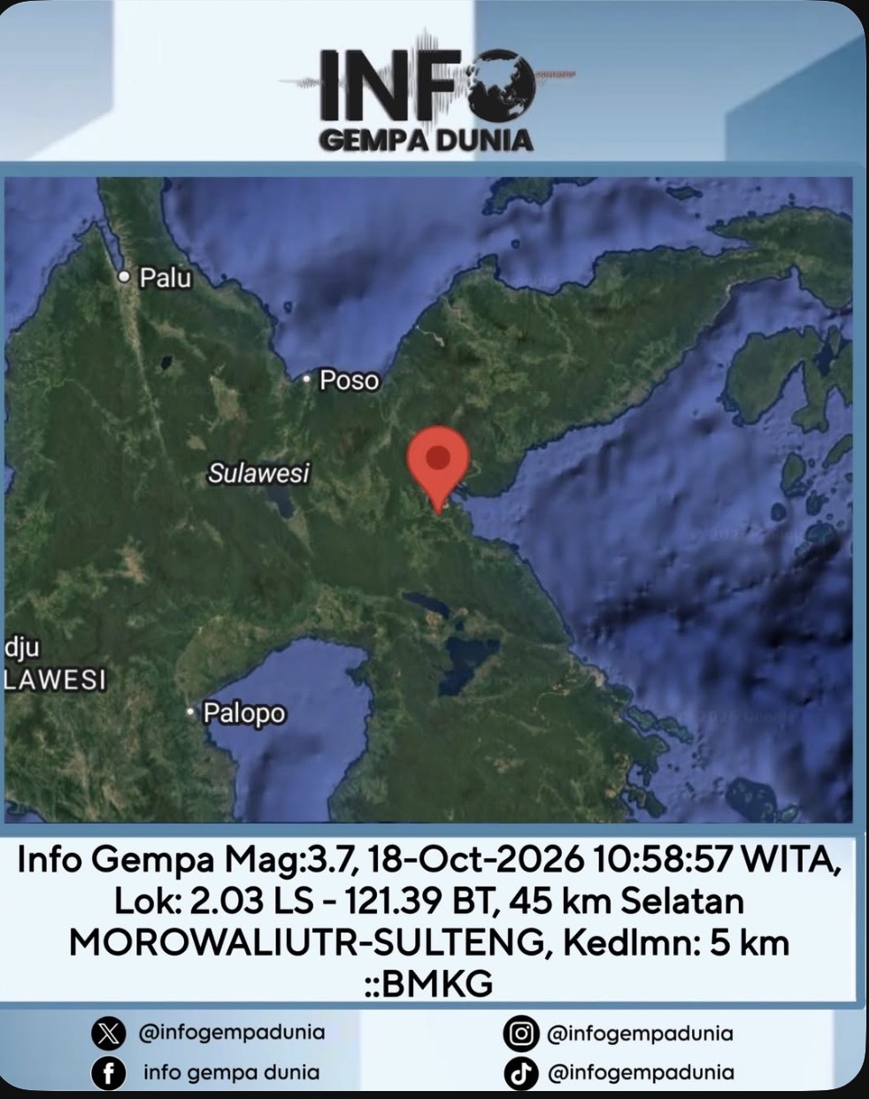 Gempa Magnitudo 3,7 Guncang Morowali Utara, Sulawesi Tengah. Dok : BMKG