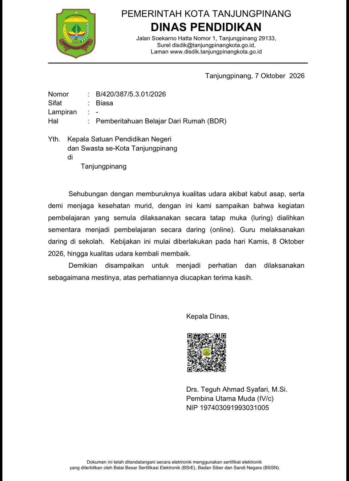 Kabut Tebal Selimuti Sejumlah Wilayah Kepri, Sekolah Diliburkan. Dok : Dinas Pendidikan Tanjungpinang